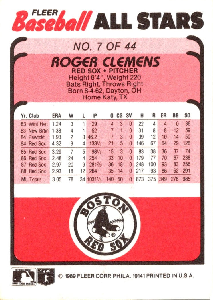 1989 Fleer For The Record Roger Clemens