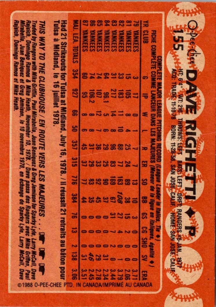 1988 O-Pee-Chee Dave Righetti