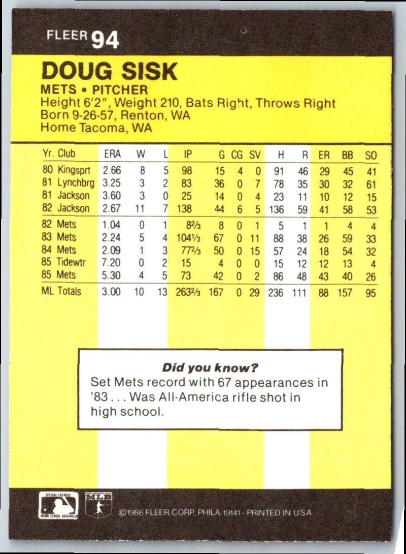 1986 Fleer Doug Sisk