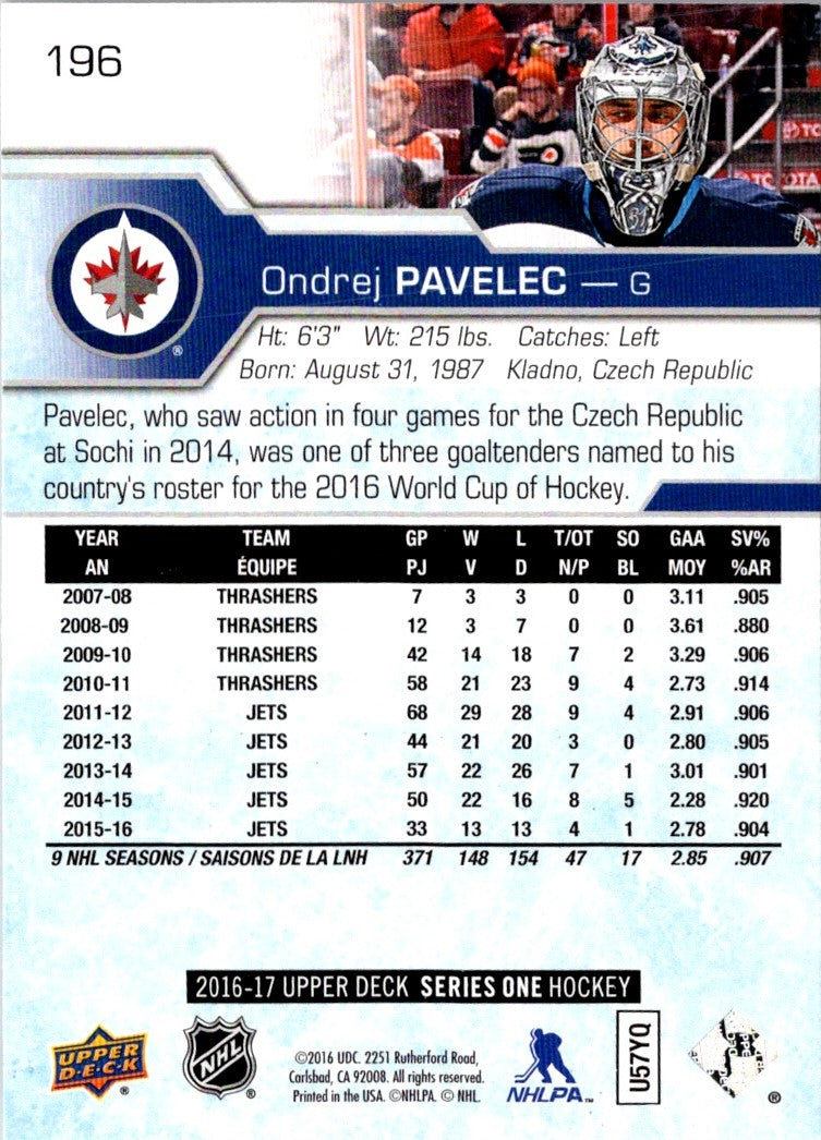 2016 Upper Deck Ondrej Pavelec