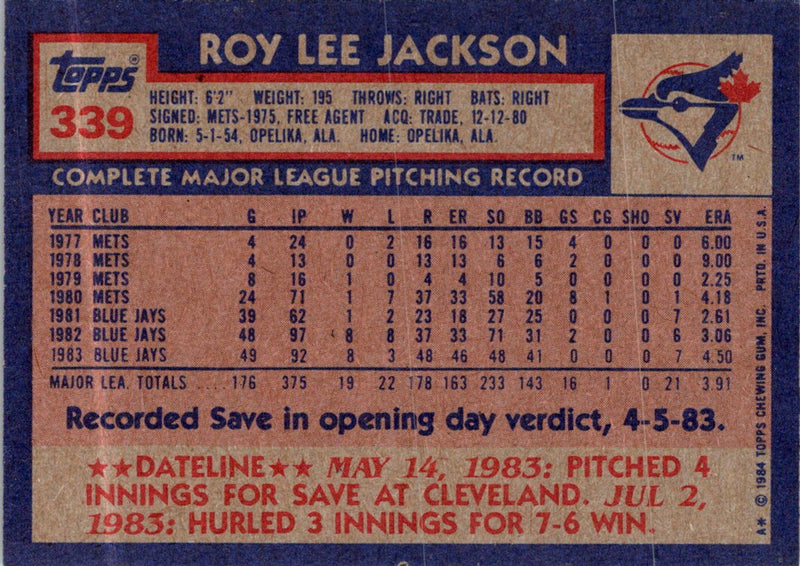 1984 Topps Roy Lee Jackson