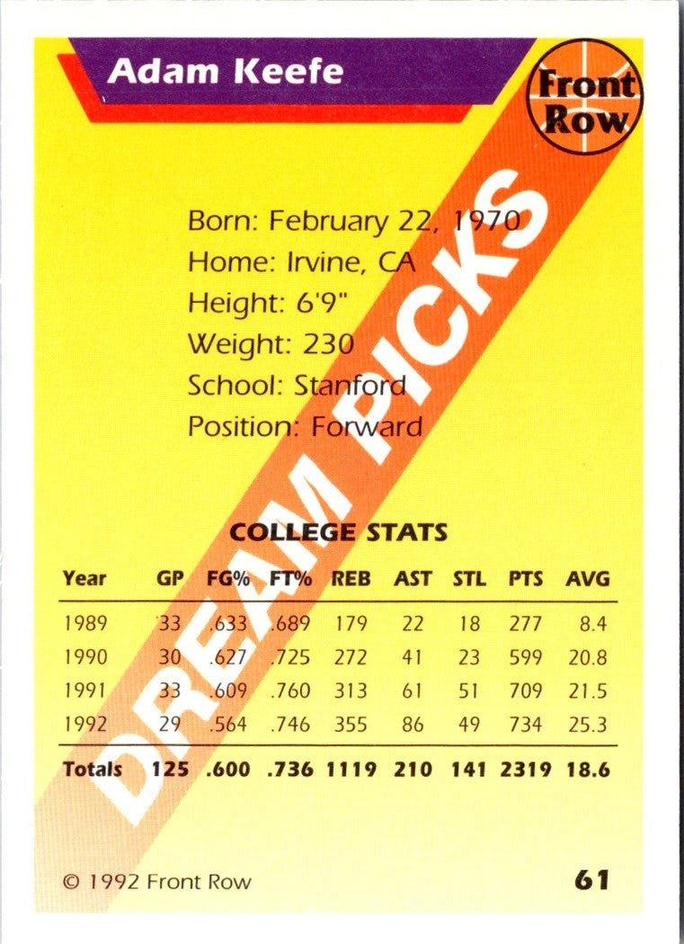 1992 Front Row Dream Picks Adam Keefe