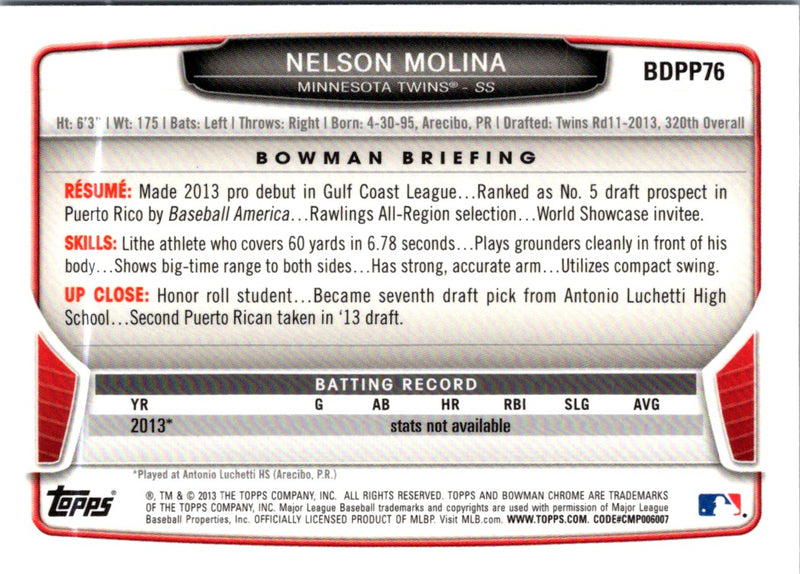 2013 Bowman Draft Picks & Prospects Chrome Nelson Molina