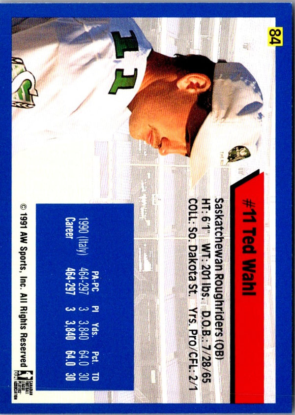 1991 Saskatchewan Roughriders Ted Wahl #NNO