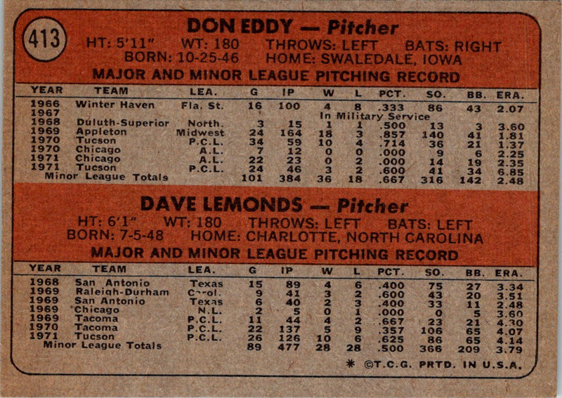 1972 Topps White Sox Rookies - Don Eddy/Dave Lemonds