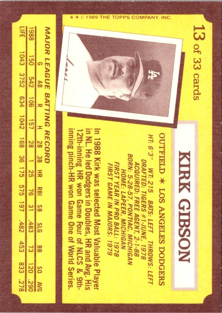 1989 Topps Kay-Bee Superstars of Baseball Kirk Gibson