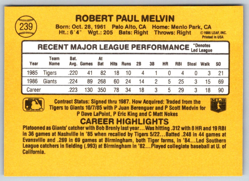 1986 Donruss Bob Melvin