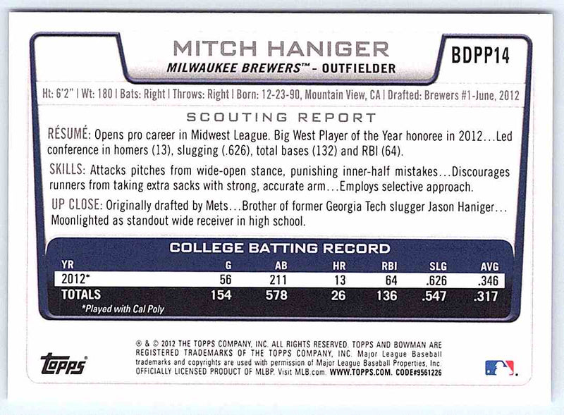 2012 Bowman Mitch Haniger