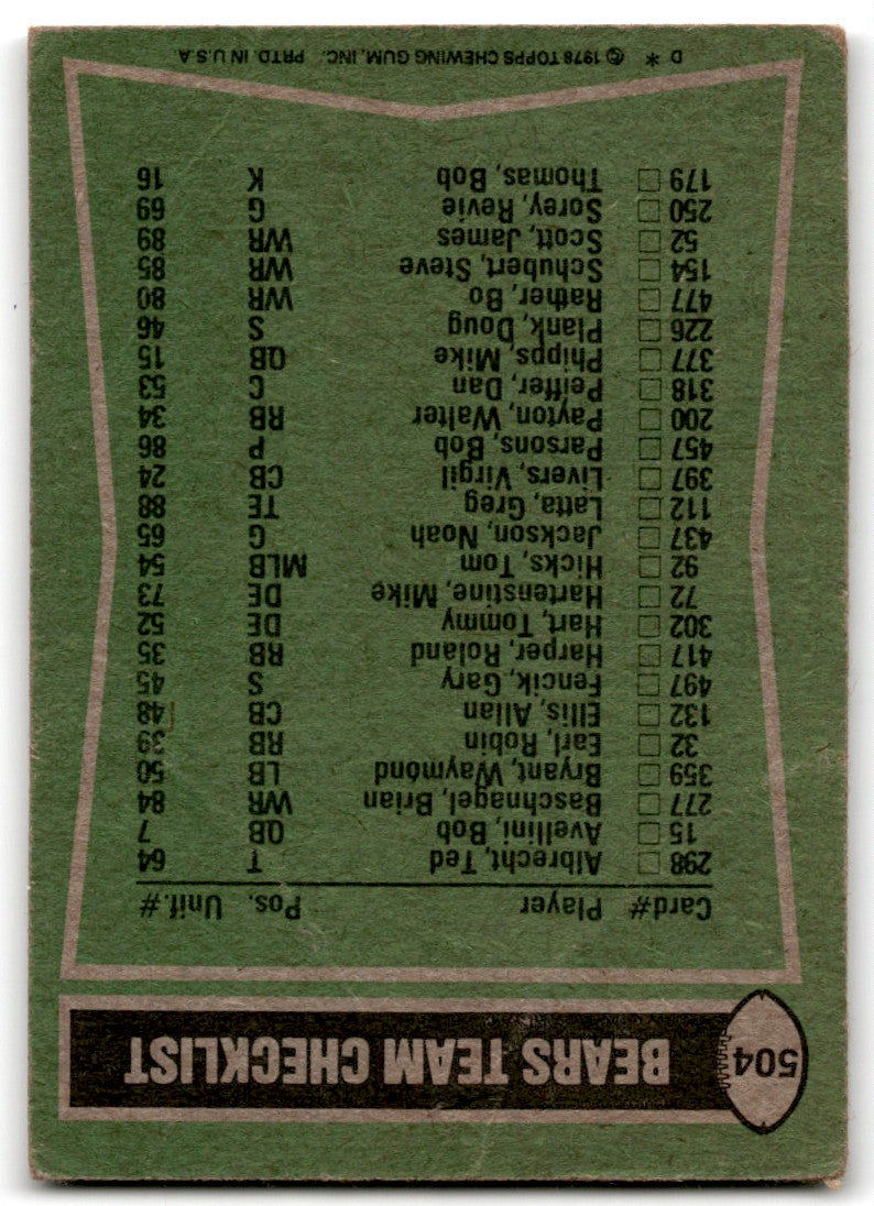 1978 Topps Walter Payton/James Scott/Allan Ellis/Ron Rydalch