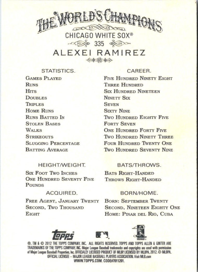 2012 Topps Allen & Ginter Alexei Ramirez