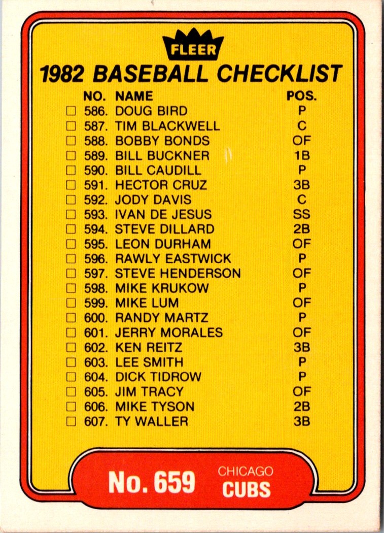 1982 Fleer Checklist: Cubs/Blue Jays