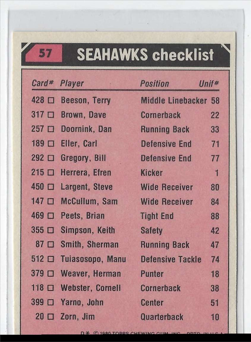 1980 Topps Team Checklists Sherman Smith/Steve Largent/Dave Brown/Manu Tuiasosopo