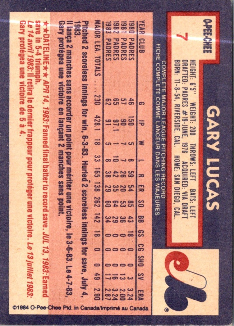 1984 O-Pee-Chee Gary Lucas