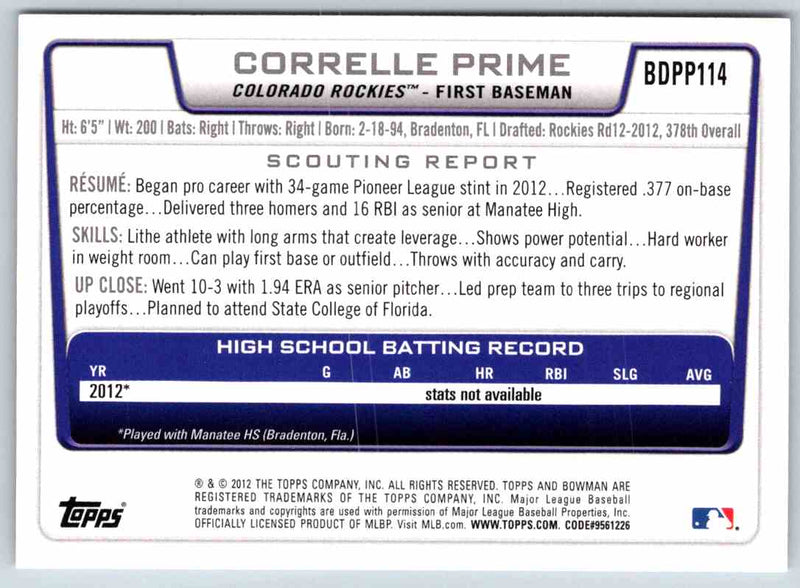 2012 Bowman Correlle Prime