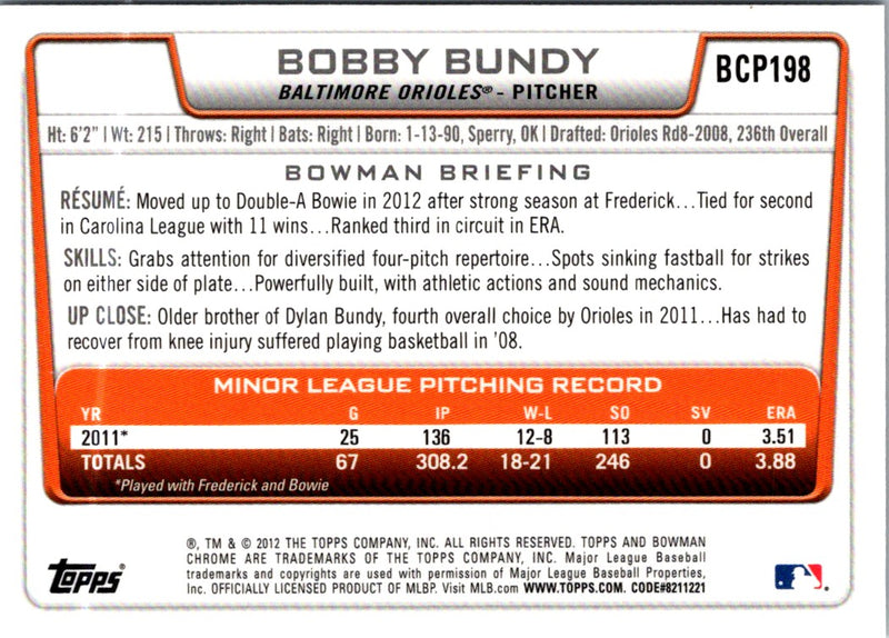 2012 Bowman Chrome Prospects Bobby Bundy