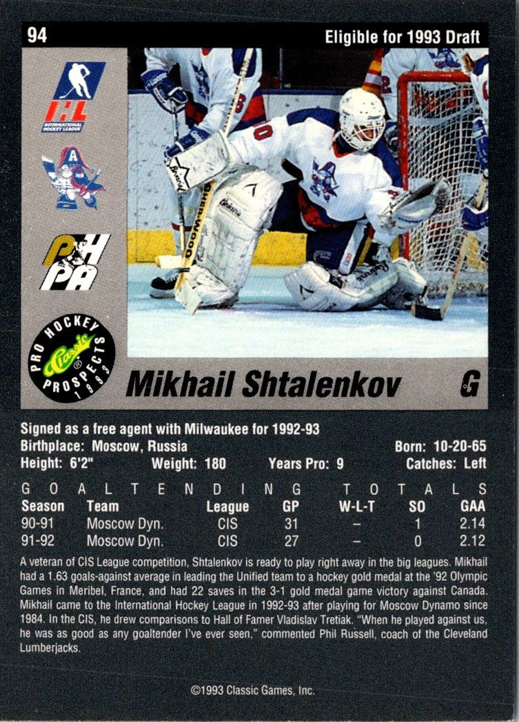 1993 Classic Pro Prospects Mikhail Shtalenkov