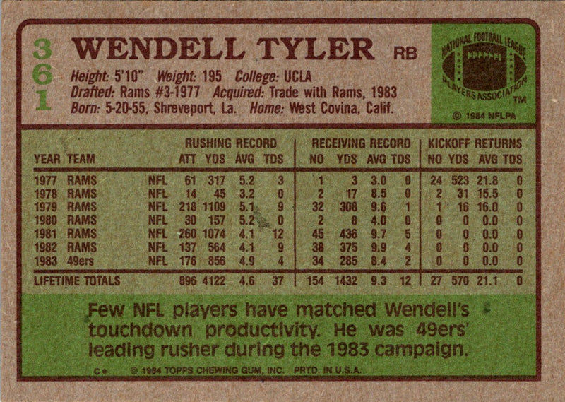 1984 Topps Wendell Tyler