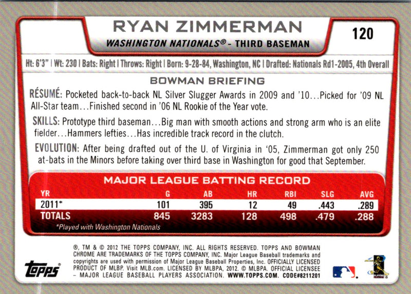 2012 Bowman Chrome Ryan Zimmerman