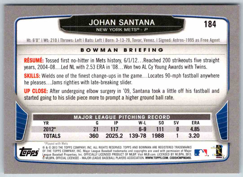 2013 Bowman Johan Santana