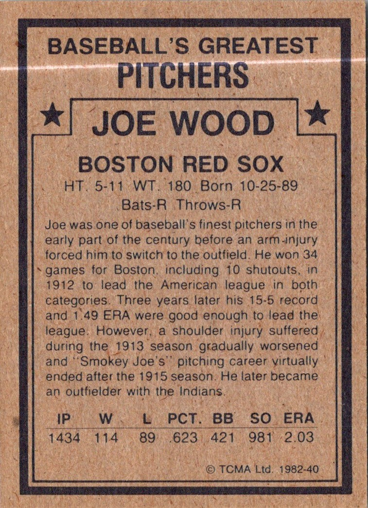 1982 TCMA Baseball's Greatest Pitchers Joe Wood