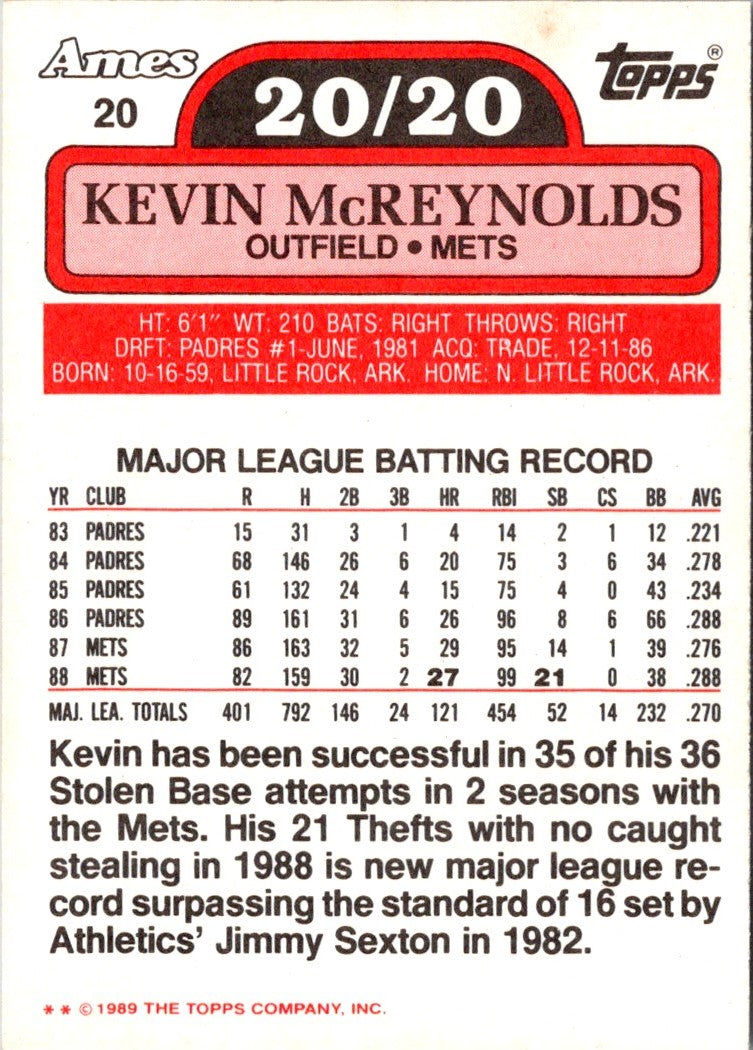 1989 Topps Ames 20/20 Club Kevin McReynolds