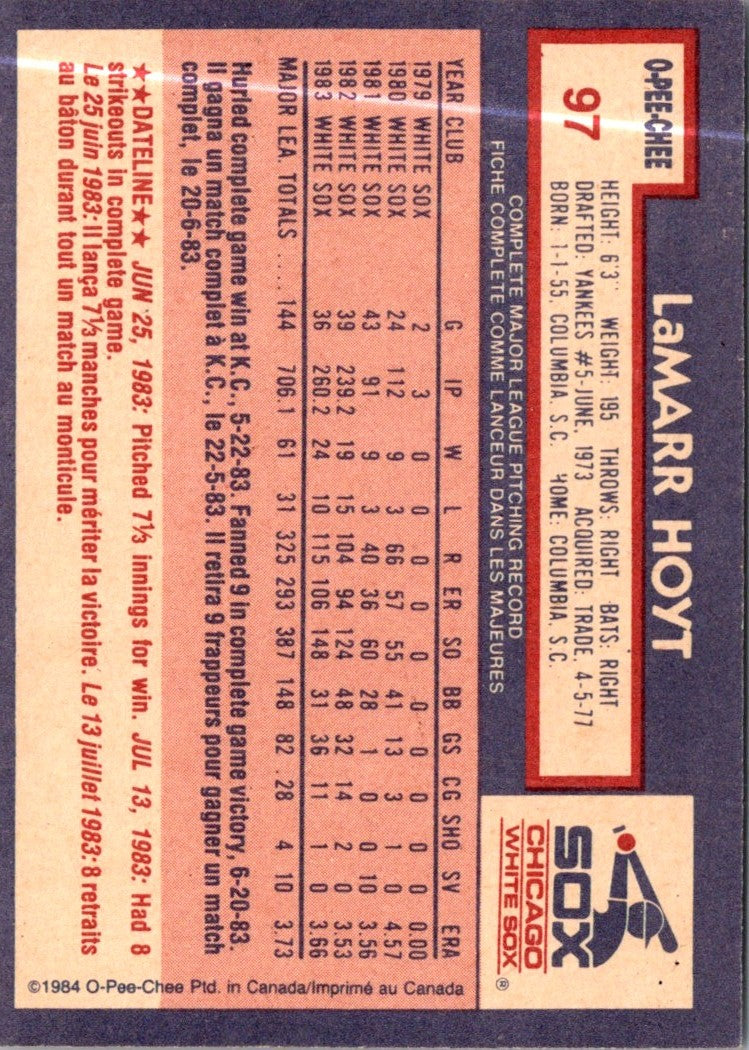 1984 O-Pee-Chee LaMarr Hoyt