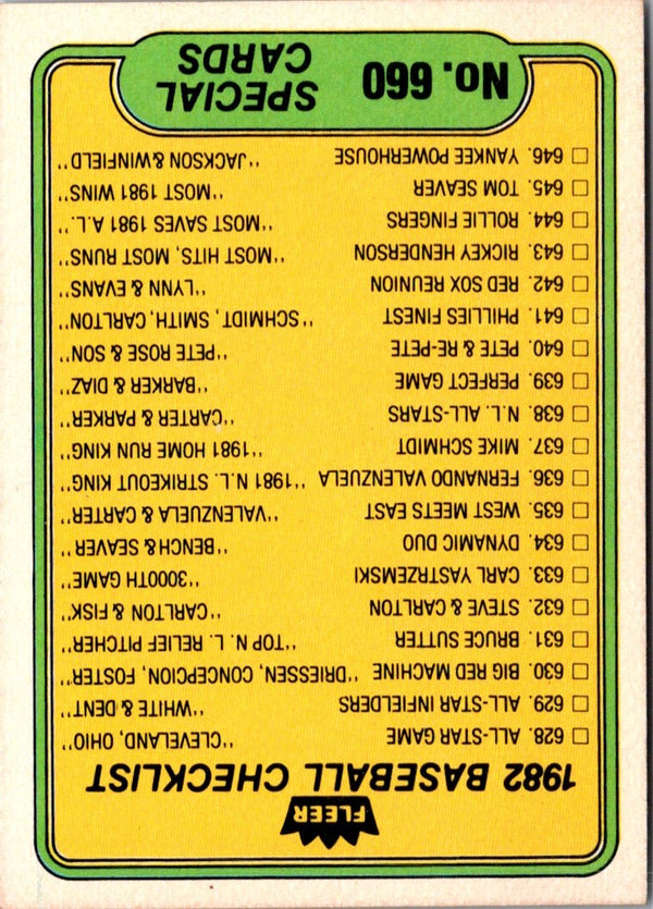 1982 Fleer Checklist: Special Cards/Teams #660