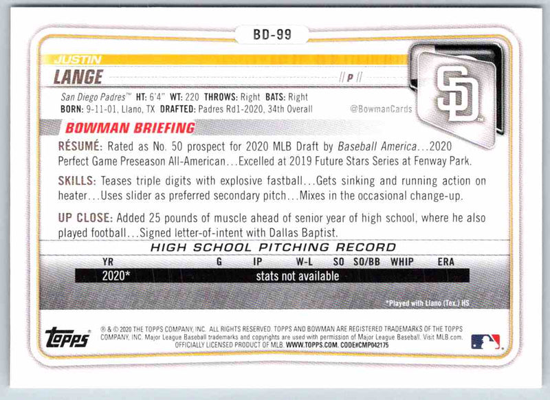 2020 Bowman Justin Lange