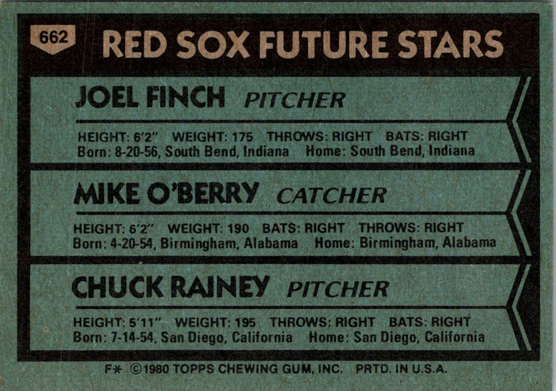 1980 Topps Red Sox Future Stars - Joel Finch/Mike O'Berry/Chuck Rainey