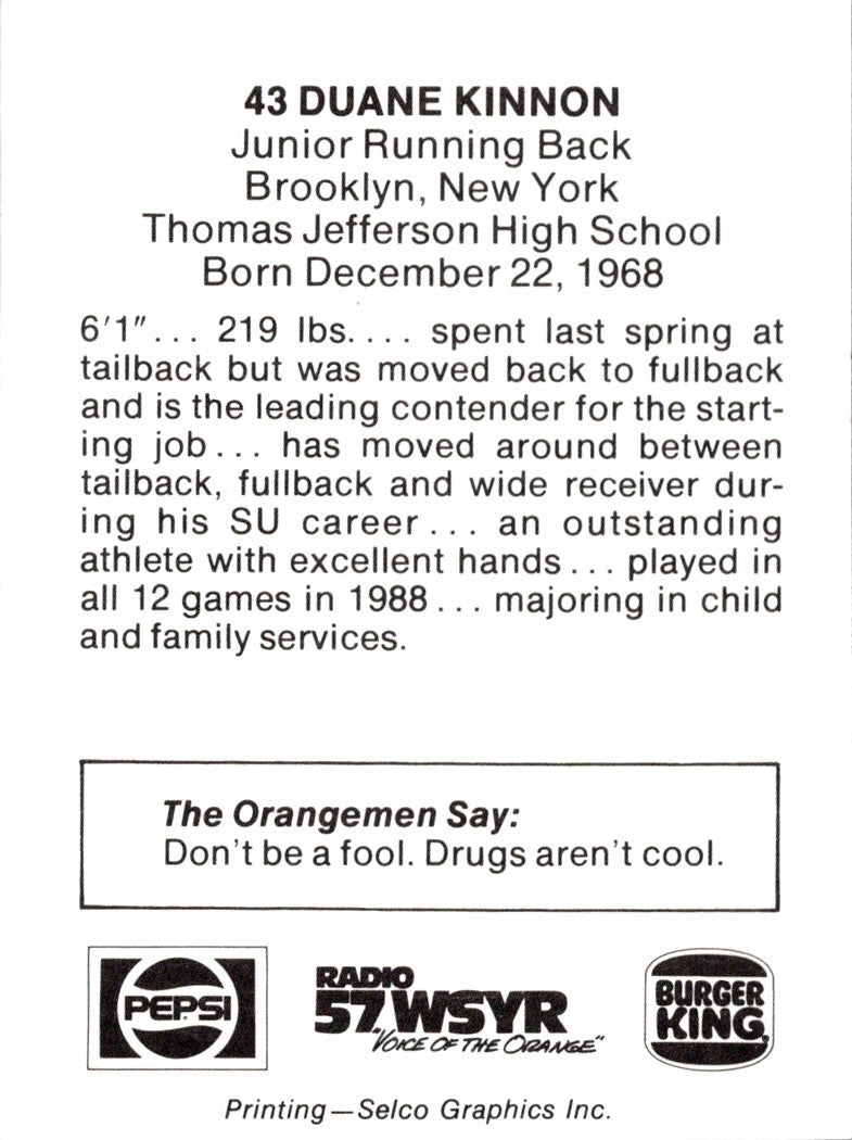 1989 Syracuse Orangemen Duane Kinnon