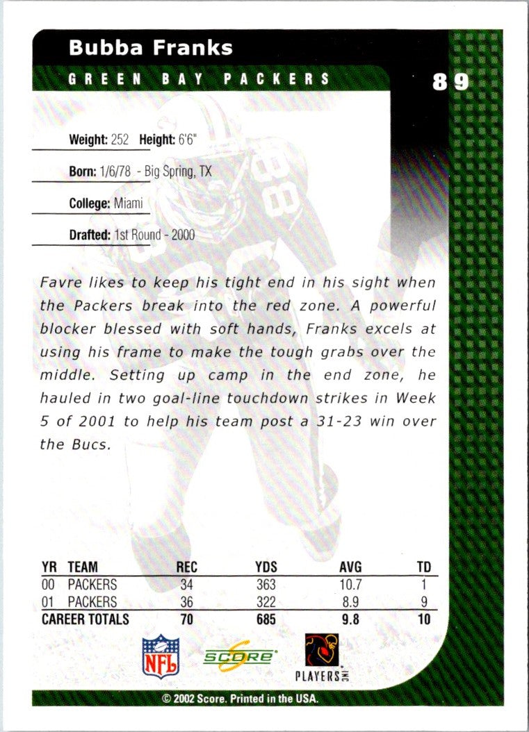 2002 Score Bubba Franks