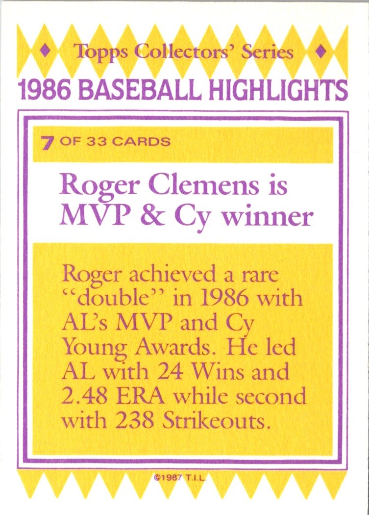 1987 Topps Woolworth Baseball Highlights Roger Clemens