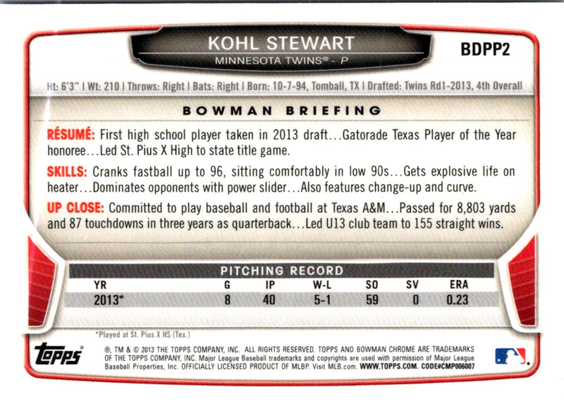 2013 Bowman Draft Picks & Prospects Chrome Kohl Stewart