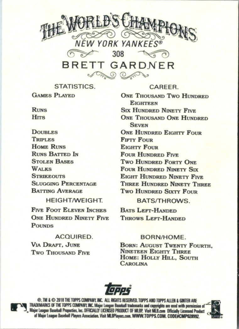 2018 Topps Allen & Ginter Brett Gardner