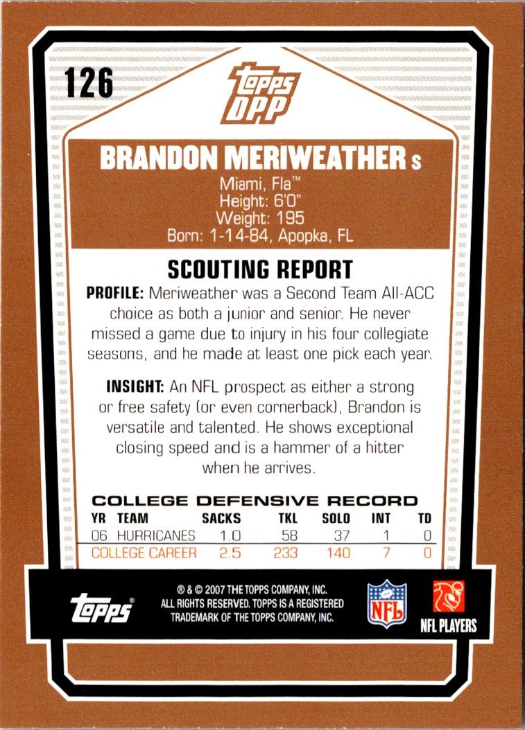 2007 Topps Draft Picks & Prospects Brandon Meriweather