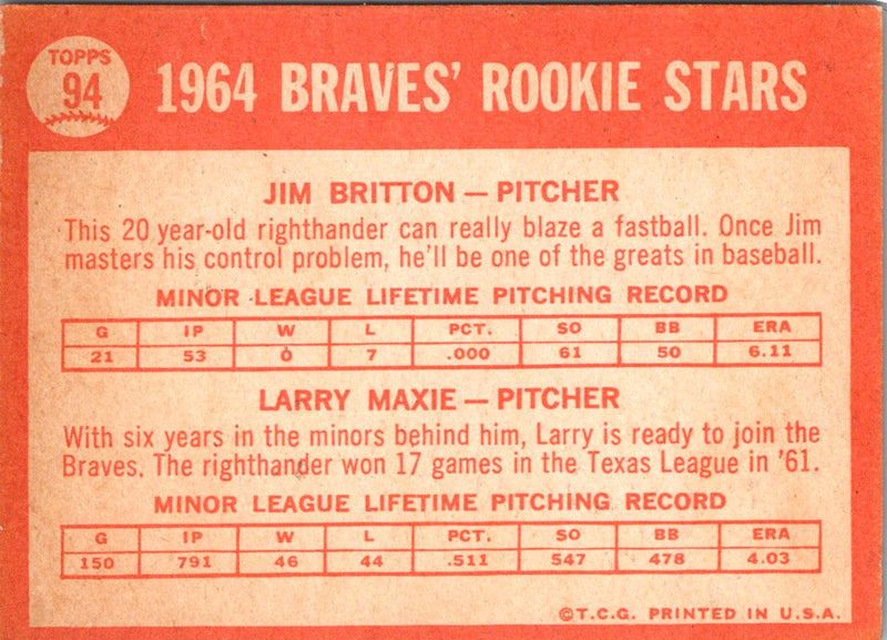 2013 Topps Braves 1964 Rookie Stars Britton/ Maxie)