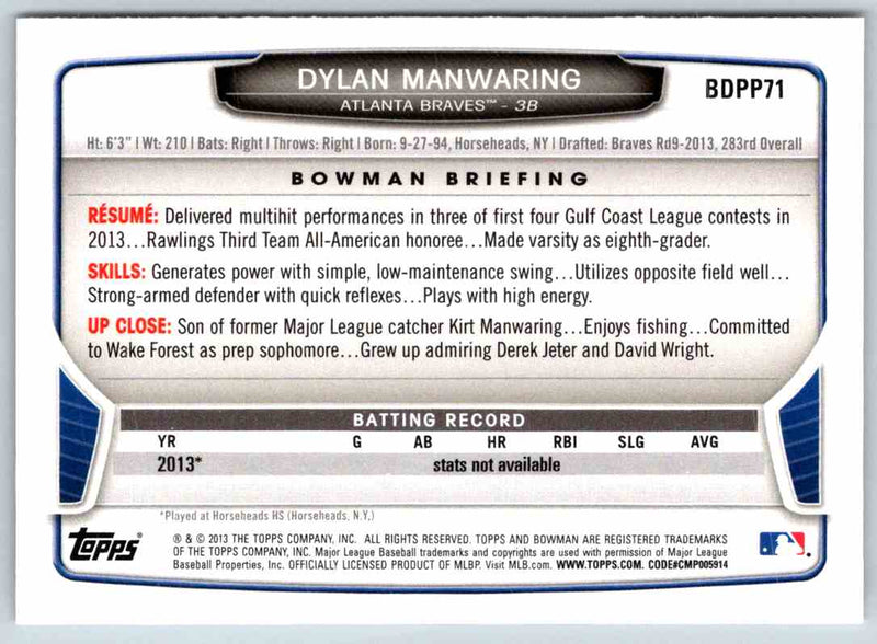 2013 Bowman Dylan Manwaring