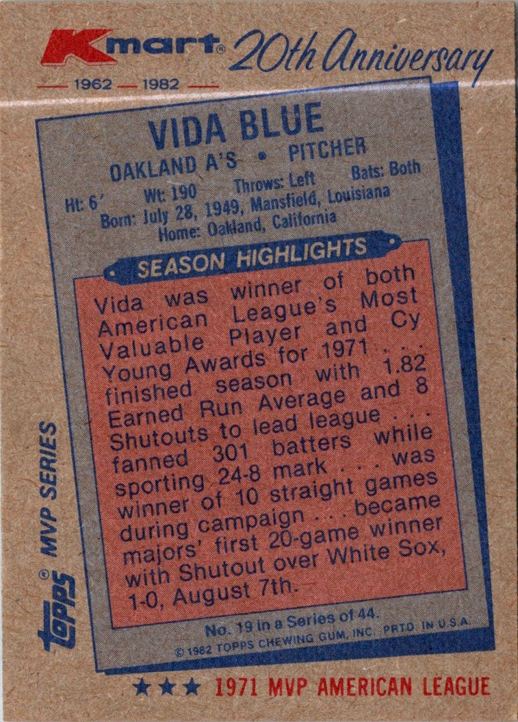 1982 Topps Kmart 20th Anniversary Vida Blue