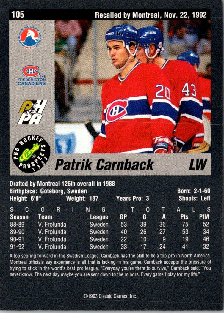 1993 Classic Pro Prospects Patrik Carnback
