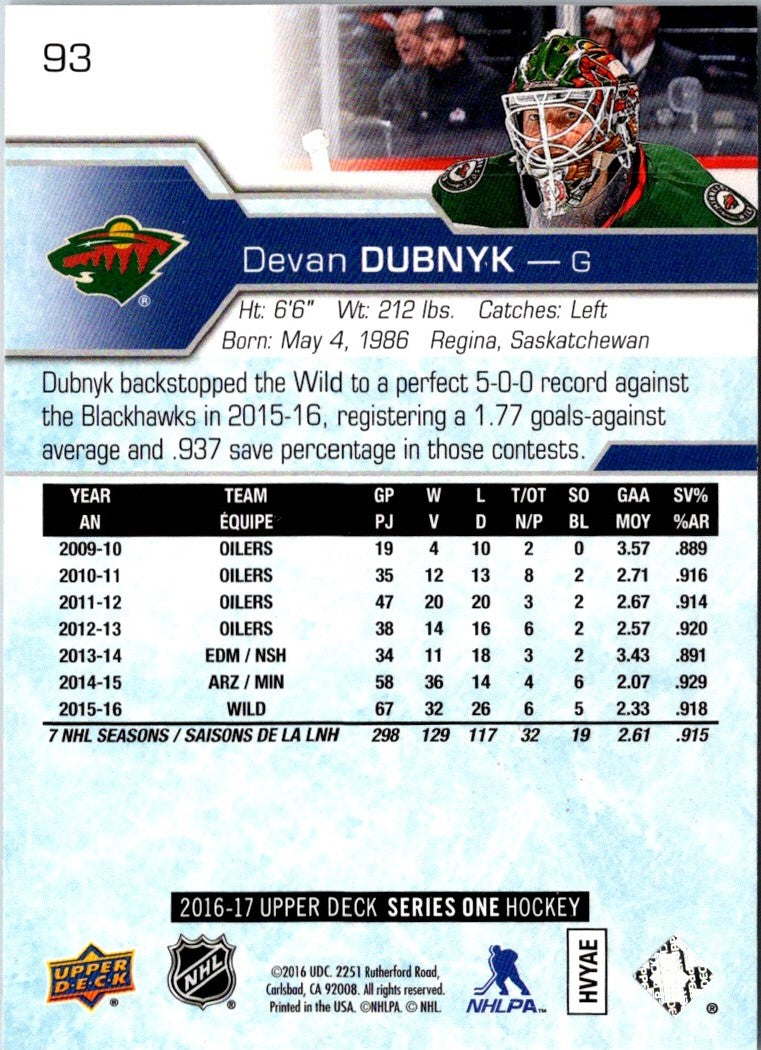 2016 Upper Deck Devan Dubnyk