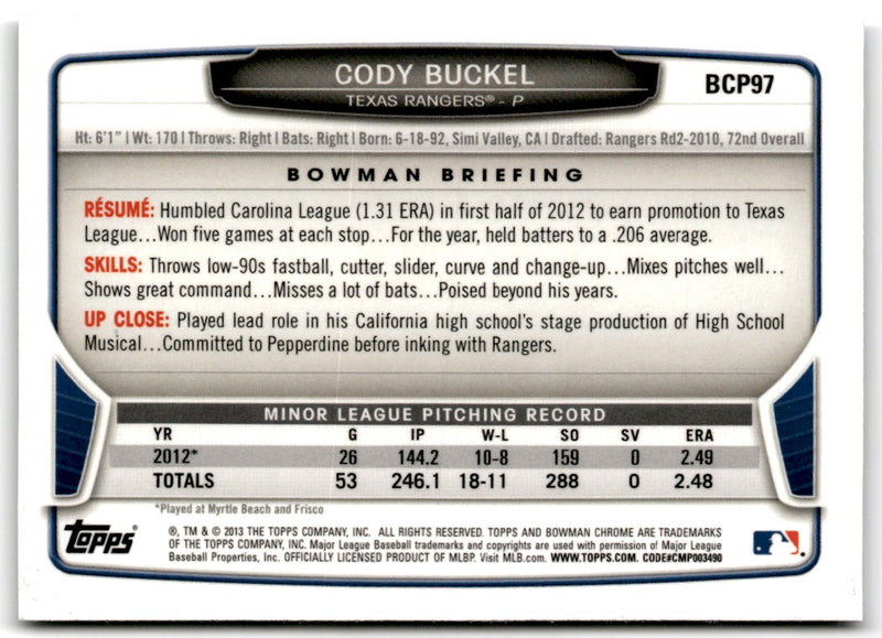 2013 Bowman Chrome Prospects Cody Buckel