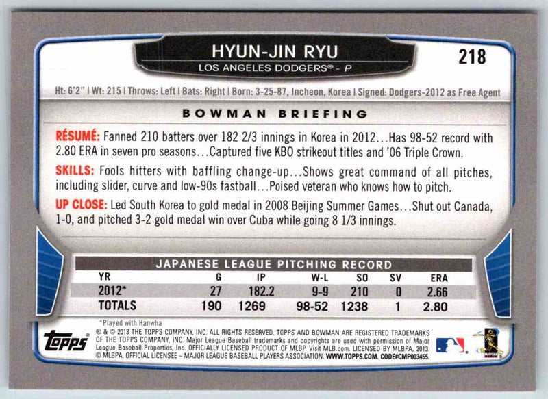 2013 Bowman Hyun-Jin Ryu