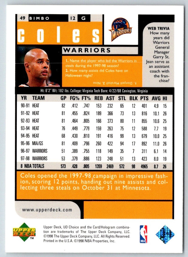 1998 UD Choice Bimbo Coles