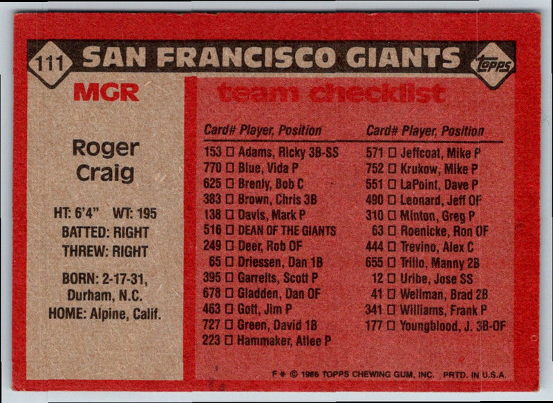 1986 Topps Roger Craig