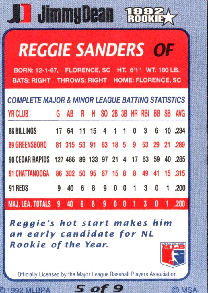 1992 Jimmy Dean Rookie Stars Reggie Sanders