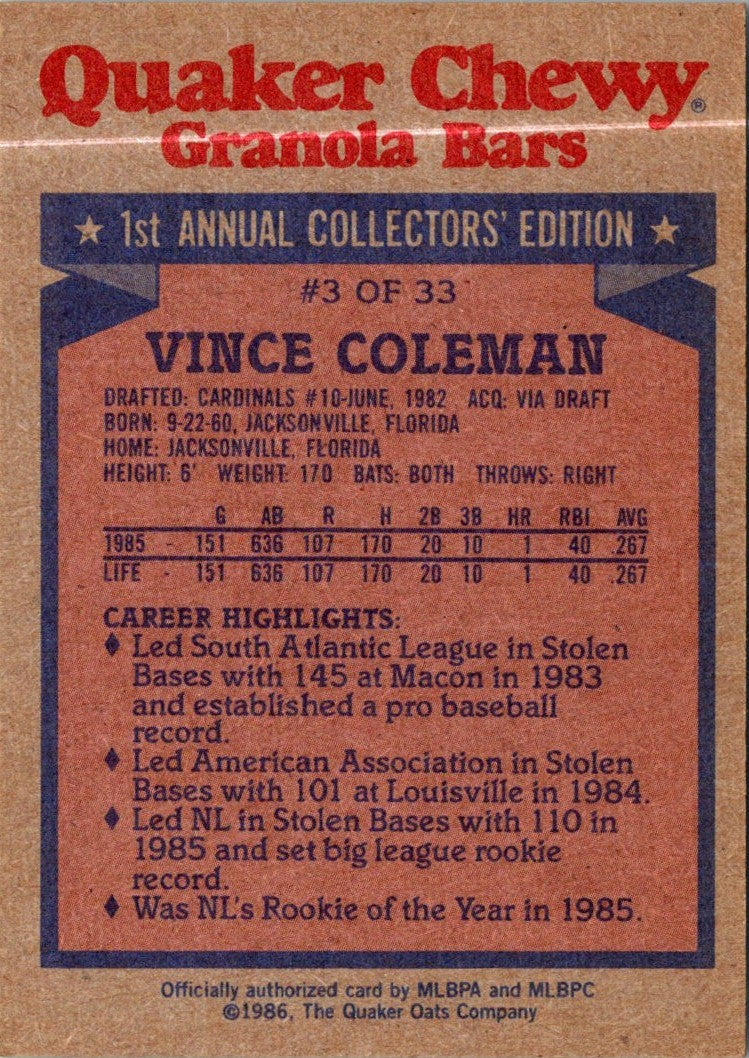 1986 Topps Quaker Granola Vince Coleman