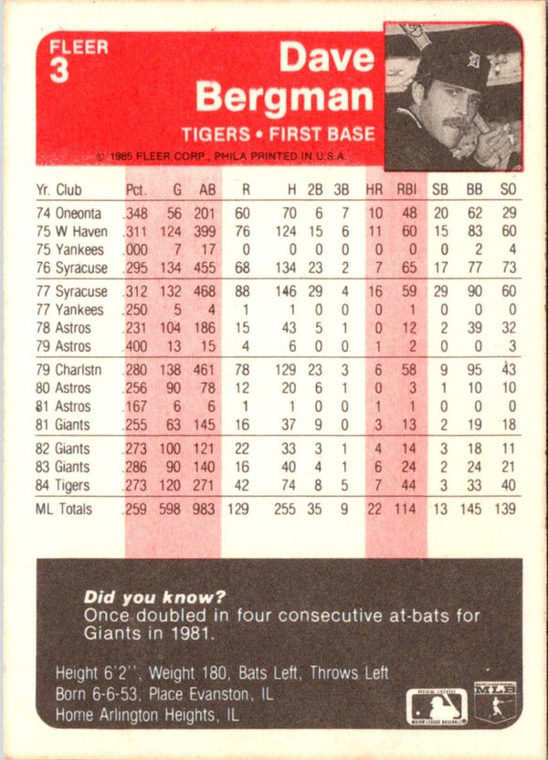 1985 Fleer Dave Bergman #3