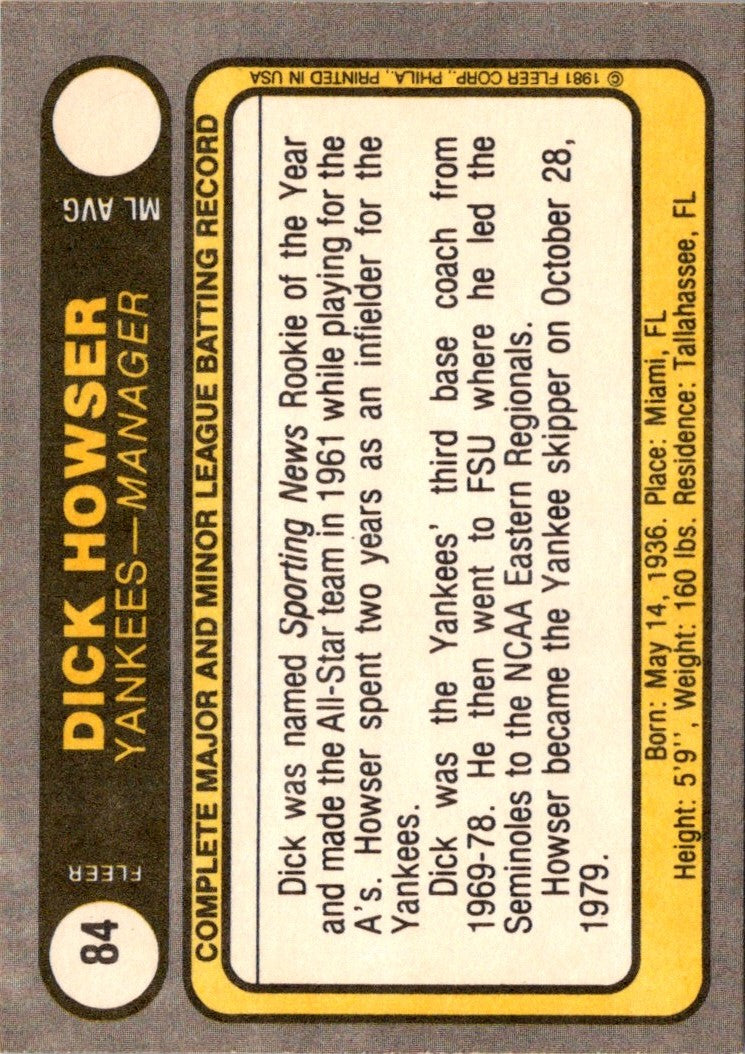 1981 Fleer Dick Howser