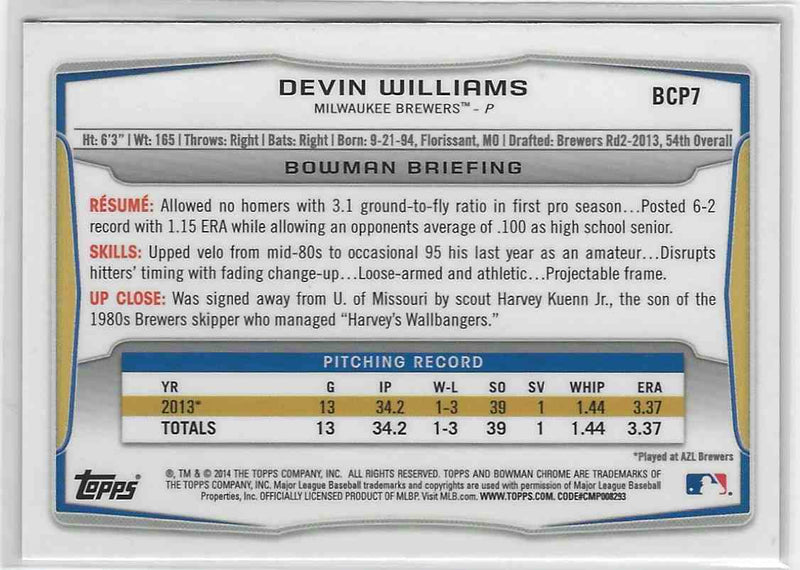 2014 Bowman Chrome Devin Wiliams