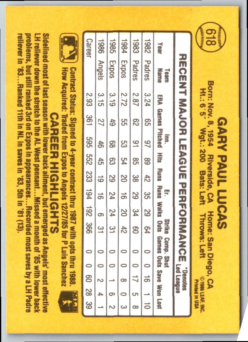 1986 Donruss Gary Lucas